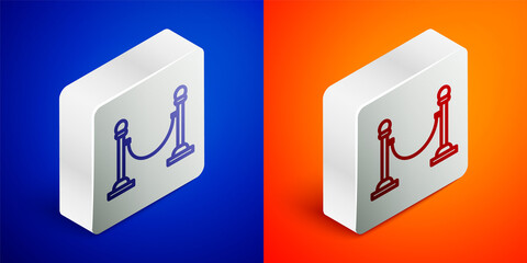 Isometric line Rope barrier icon isolated on blue and orange background. VIP event, luxury celebration. Celebrity party entrance. Silver square button. Vector Illustration.