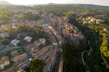 Aerial view of Ronciglione a village in Viterbo. Street houses and a beautiful landscape