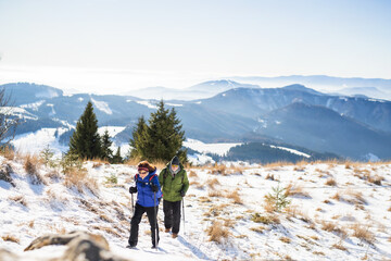 Fototapeta na wymiar Senior couple with nordic walking poles hiking in snow-covered winter nature.