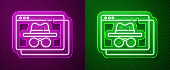 Glowing neon line Browser incognito window icon isolated on purple and green background. Vector.