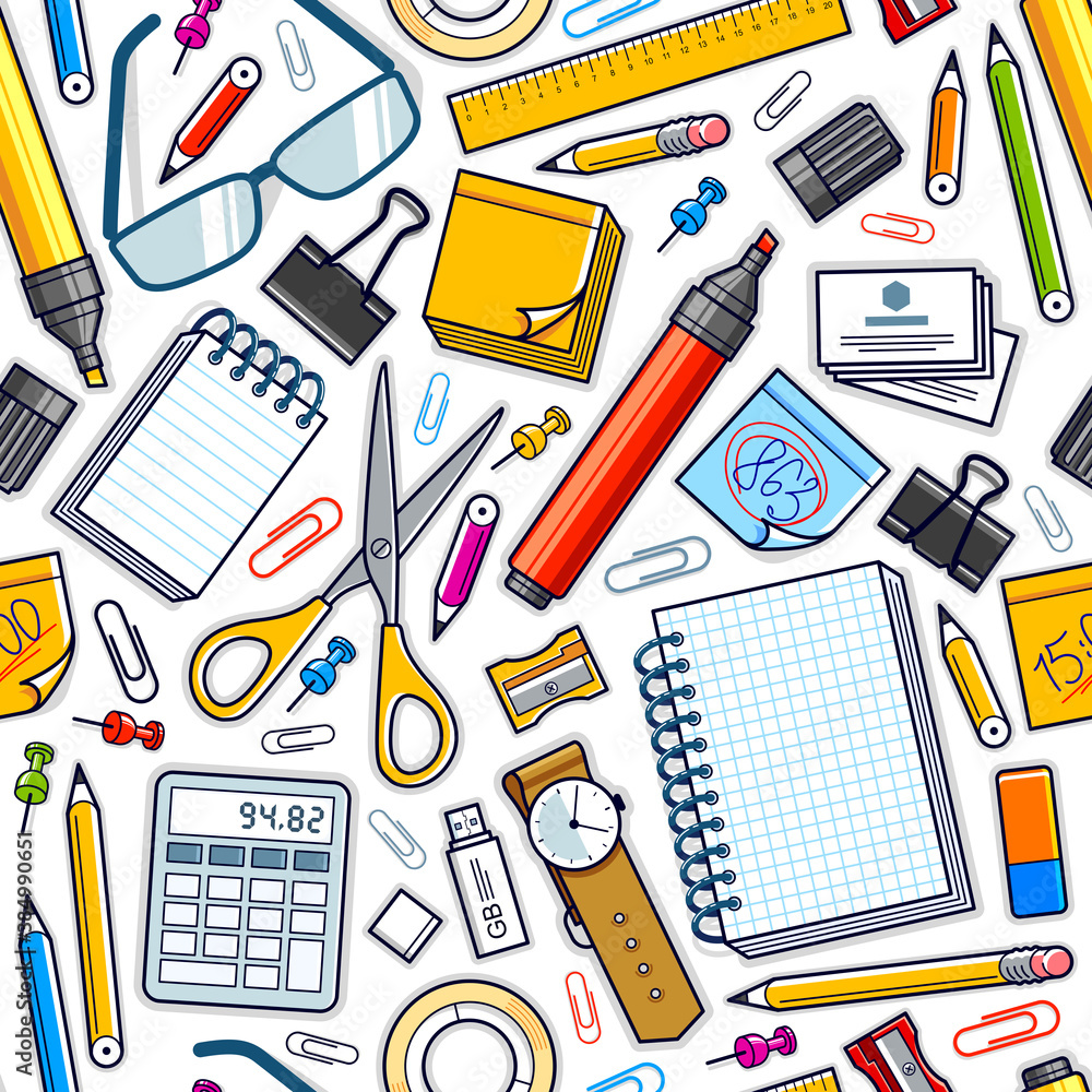 Poster work office desk top view with a lot of different stationery elements seamless vector wallpaper, bus