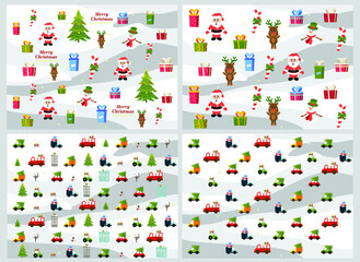 set of Christmas cards, decorated Christmas tree with garlands, toys and balls, Christmas gifts and cars