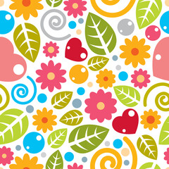 Childish textile vector seamless pattern with flowers and leaves, different colorful elements endless pattern background image.