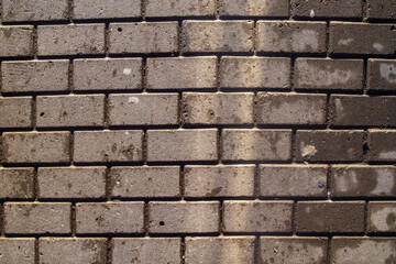 Paving slabs on the sidewalk. Small bricks on the road. Dirty, wet sidewalk. Background.