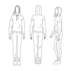 Vector sports suit with pants and hoodie. Technical drawing of woman's figure sketch. Vector thin line girl model template. Woman's body front back and side view.