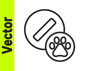 Black line Dog pill icon isolated on white background. Prescription medicine for animal. Vector.