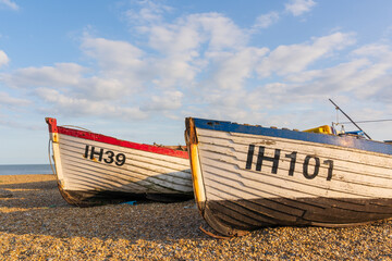Abandoned fishing boats on Aldeburgh Beach. Suffolk. UK 
