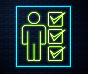 Glowing neon line User of man in business suit icon isolated on brick wall background. Business avatar symbol user profile icon. Male user sign. Vector.