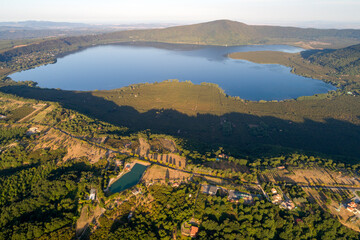 Aerial view of Lake Vico in Viterbo. Flying over water, nature and a wonderful landscape