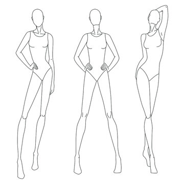 Technical drawing of woman's figure. Vector thin line girl model template for fashion sketching. Woman's body poses. The position of the hand at the waist and walking on runway. Separate layers.