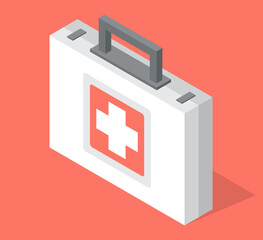 First aid kit isolated at red background, medical icon, cartoon vector style, suitcase with medical equipment. Square suitcase with cross. Healthcare treatment. Container for medical tools, equipment