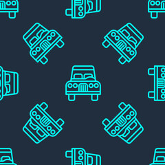 Green line Car icon isolated seamless pattern on blue background. Front view. Vector.