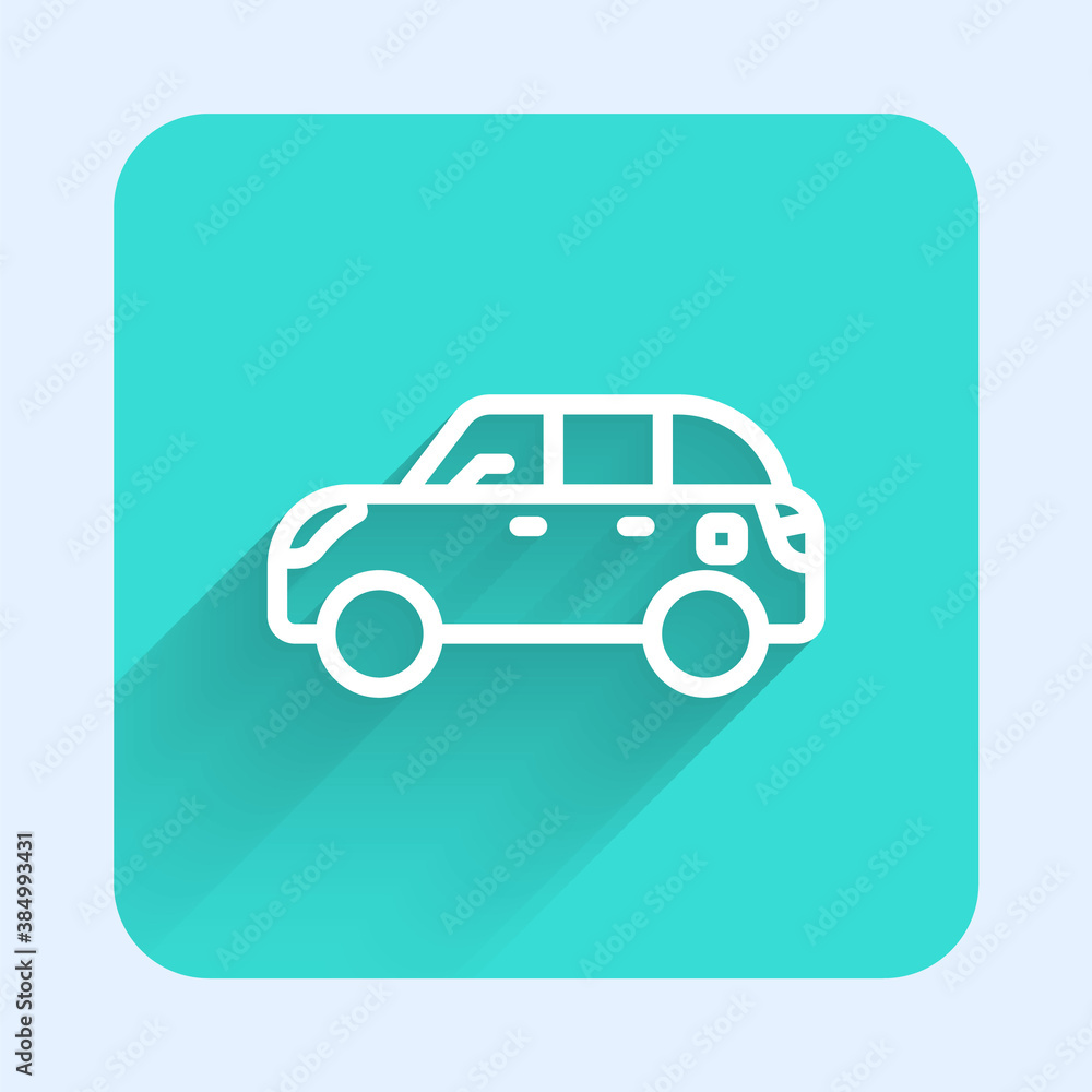 Poster white line hatchback car icon isolated with long shadow. green square button. vector.
