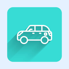 White line Hatchback car icon isolated with long shadow. Green square button. Vector.