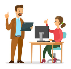 Businesspeople communicating, two talking colleagues in office, woman with computer sitting at table and show thumb up to boss, man offer a deal to partner, holding digital tablet, discussing project