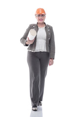 female architect with a roll of drawings stepping forward