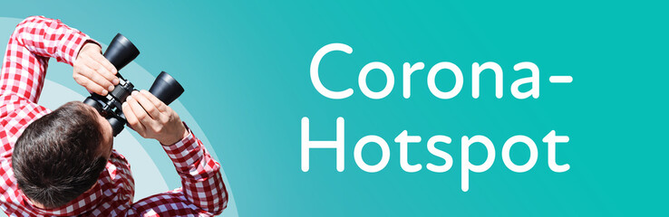 Naklejka premium Corona-Hotspot. Mann mit Fernglas aus Vogelperspektive. Beobachtung, Draufsicht, Panorama. Business Text auf blau. Statistik, Wirtschaft