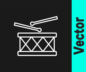 White line Musical instrument drum and drum sticks icon isolated on black background. Vector.