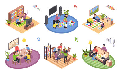 Board games family isometric set. Parents with kids sitting at table and playing tabletop games. Spend time together gaming on console. Mom and father, girl and boy at home. Vector cartoon flat