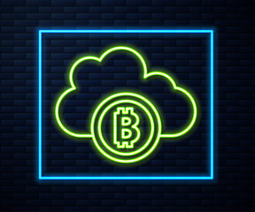 Glowing neon line Cryptocurrency cloud mining icon isolated on brick wall background. Blockchain technology, bitcoin, digital money market, cryptocoin wallet. Vector.