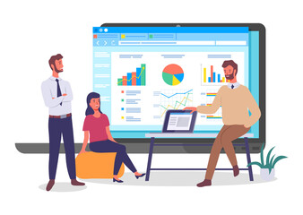 Programmers, coders or businesspeople analysing data, chart, graphics, infographics at website, young guy with laptop show presentation, people discussing graphic analytics, statistics, infocharts