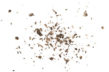 Burned, charred paper scraps isolated on white background, top view