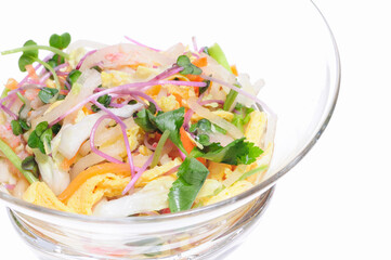 ガラスの器に入れた白菜と色とりどり野菜サラダ