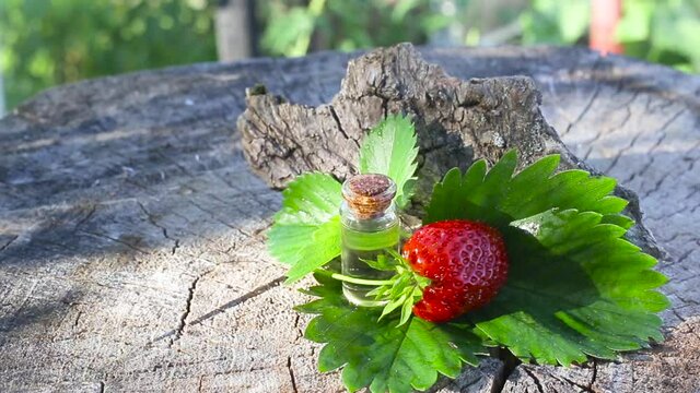 Bottle with strawberry essential oil on a wooden background. Natural natural oil used in herbal medicine and spa treatments, aromatherapy, botanical