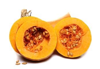 Ripe muscat squash slices with seeds isolated on white background