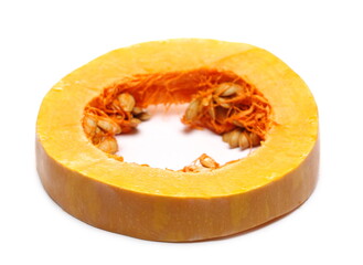 Ripe muscat squash round slice with seeds isolated on white background