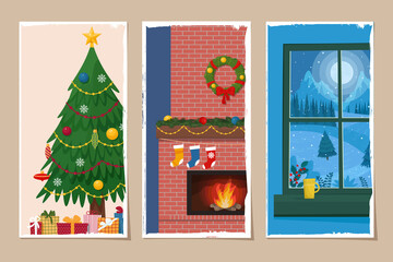 Christmas greeting card with cute illustration of christmas tree, fireplace, window night landscape. Vector illustration in vintage old style