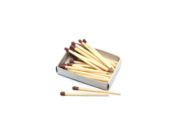 Fire matches, matchsticks in cardboard box isolated on white background