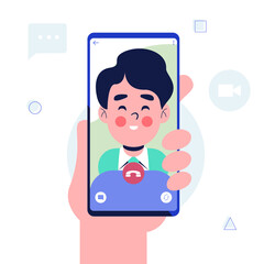 Video call concept. Hand holding Smartphone with man on screen. Mobile phone in hand. Flat design vector illustration