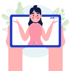 Video call concept. Hand holding tablet pc with woman on screen. Mobile phone in hand. Isolated on white background. Flat design vector illustration