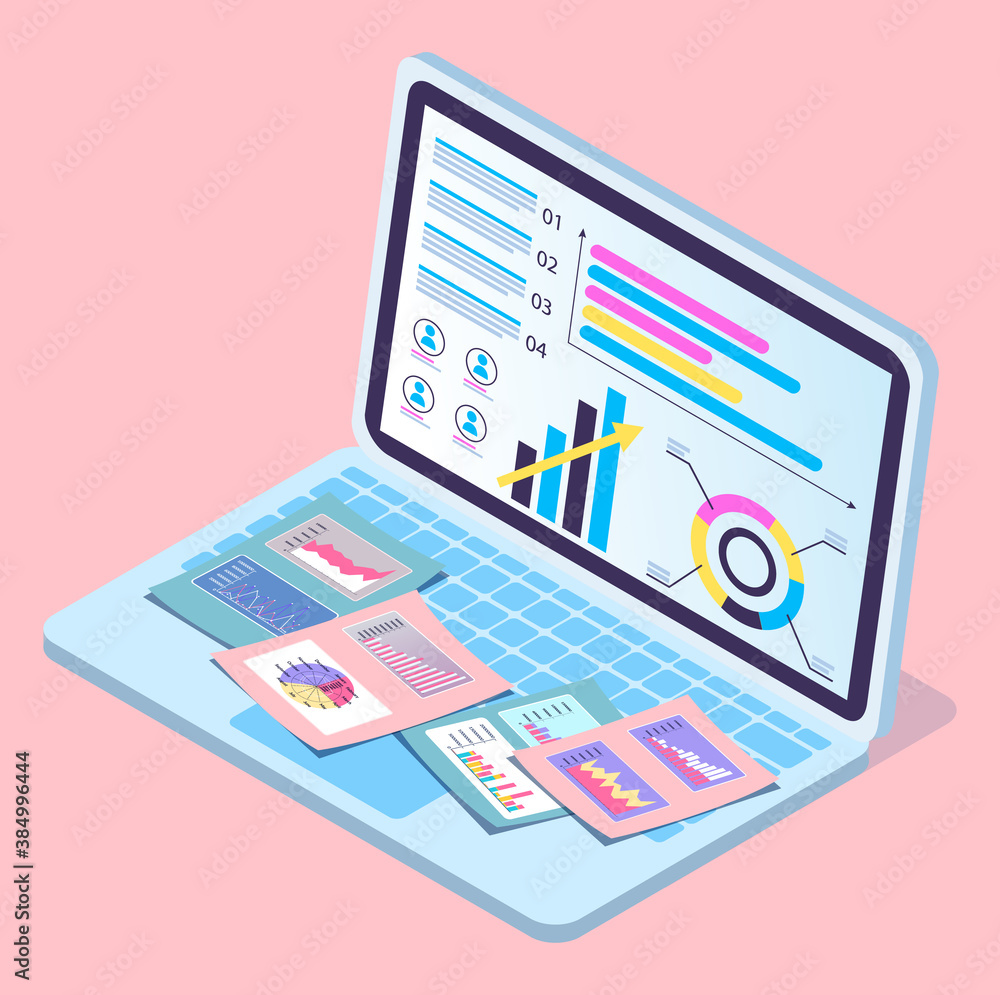 Aufkleber 3d isometric laptop with data analytics, increase graphic, diagram, chart, financial presentation. s