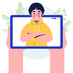 Video call concept. Hand holding tablet pc with happy man on screen. tablet pc in hand. Isolated on white background. Flat design vector illustration