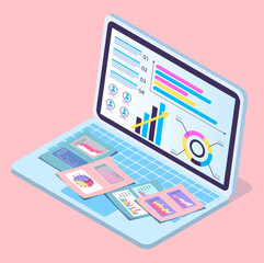 3d isometric laptop with data analytics, increase graphic, diagram, chart, financial presentation. Strategy plan analysis data. Visual digital presentation at screen. Papers or reports with statistic