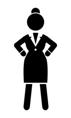 Black and white logo or portrait with businesswoman wearing office dress. Web icon, isolated female in office suit, keep dresscode. Angry irritated woman holding her hands at waist. Vector avatar