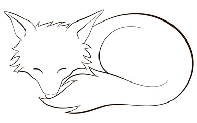Cute fox sleeping in a curled up pose with closed eyes. Line art illustration for coloring book and page. Black outline on white background, for printing.
