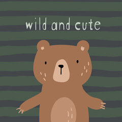 Cute card with hand drawn bear. Baby Shower invite design. Cartoon flat vector illustration