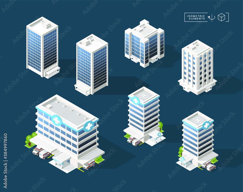 Aufkleber set of isometric high quality city building with shadows on black background . isolated vector eleme