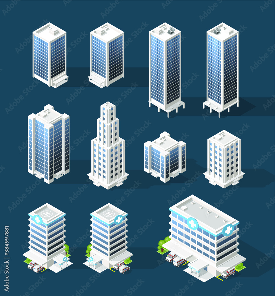Poster set of isometric high quality city building with shadows on black background . isolated vector eleme
