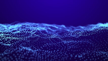 Futuristic illustration with explosion of data. Abstract background with glowing particles. Digital moving wave. 3d rendering.