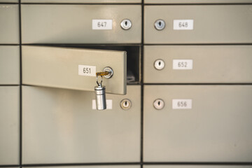 An open mailbox with a key in the lock