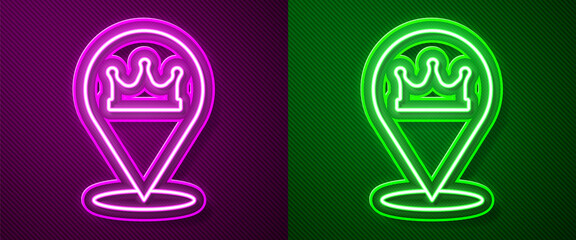 Glowing neon line Location king crown icon isolated on purple and green background. Vector.