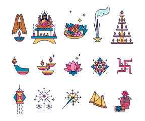 Diwali, Hindu festival of lights - Set of outline icons. Deepawali symbols. Lamps Dipa, sand art Rangoli, home altar for Puja offerings and gifts. Use for greeting card, invitation, banner or app