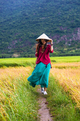 Vietnamese girl in dark red and bottle green traditional costume dress with conical hat walking on yellow and green rice field.