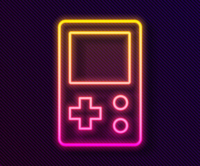 Obraz premium Glowing neon line Portable tetris electronic game icon isolated on black background. Vintage style pocket brick game. Interactive playing device. Vector.