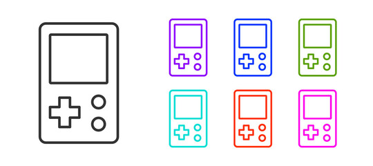 Black line Portable tetris electronic game icon isolated on white background. Vintage style pocket brick game. Interactive playing device. Set icons colorful. Vector.