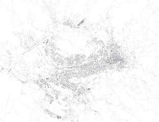 Satellite view of Sarajevo the capital and largest city of Bosnia and Herzegovina. Map streets and buildings of the city - obrazy, fototapety, plakaty
